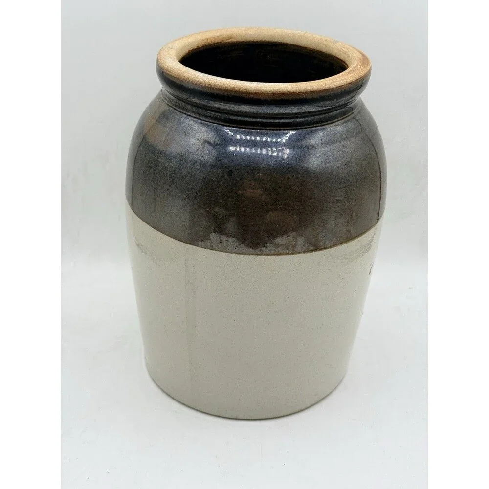 Antique Salt Glazed Two Tone Beige & Brown Stoneware Crock Jar 9.5” Tall